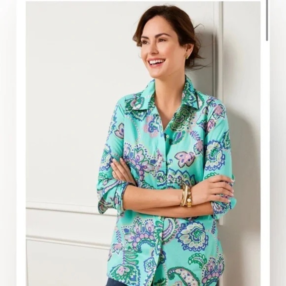Talbots cotton button front shirt fanciful paisley size XLP NWOT